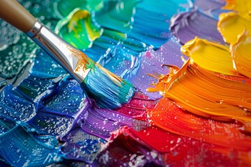Obraz premium Artist's palette and brushes resting on the table, as a brush meticulously applies vibrant rainbow watercolor onto a canvas, each stroke a testament to the artist's skill and creativity
