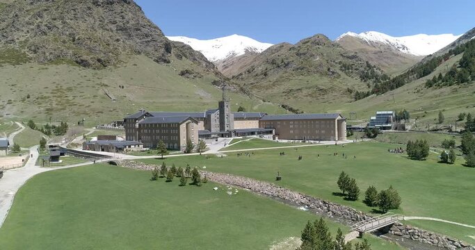Drone view mountain resort in Catalan in Vall de Nuria. Spain, Barcelona, Girona. Cogwheel train and railway with tunnel