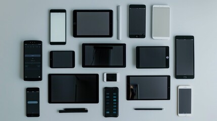 Various electronic devices arranged in a circle on a white surface, including an ipad, iphone, ipad mini, iphone 5, iphone Modern Technology Tools for Travel, Business, Fashion, and Beyond