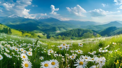 **Beautiful spring and summer natural panoramic pastoral landscape with blooming field of daisies...