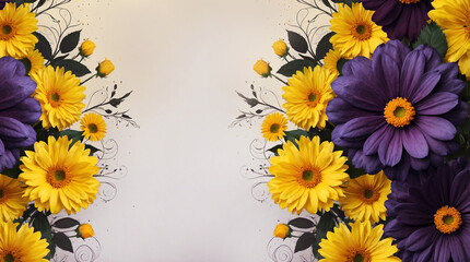 yellow and purple gerber daisy flowers with central copy space 