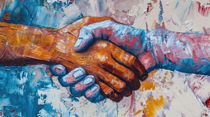 Support" - oil painting. Conceptual abstract picture of holding hands. The background is painted with acrylic with smudges. Conceptual abstract closeup of an oil painting and palette knife on canvas

