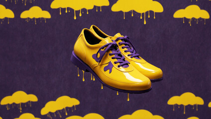 jolly illustration of yellow rain shoes with yelllow clouds and raindrops, fashion background with copy space