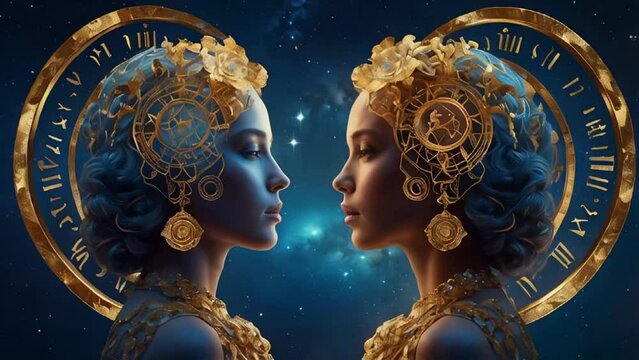 Zodiac sign Gemini golden on a dark background