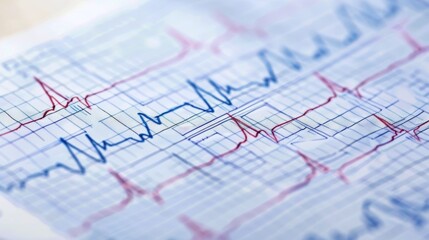 Close-up of a medical ECG graph showing heartbeats in blue and red, used for monitoring heart health and diagnosing cardiac conditions.