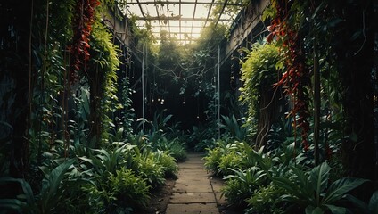 a picture of a lush, overgrown greenhouse with a stone path