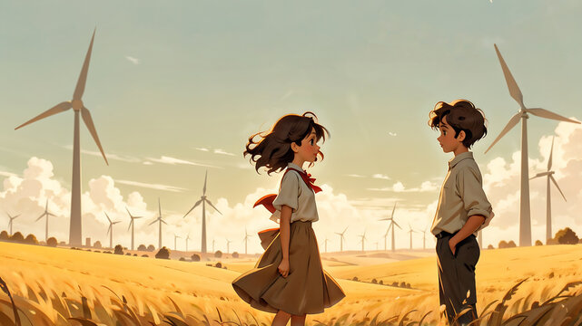 Cartoon woman and man standing in the summer field with wind turbines
