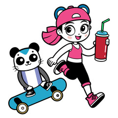 Skater Girl A skater girl with a skateboard, holding an energy drink, accompanied by a skater cat and a panda on wheels