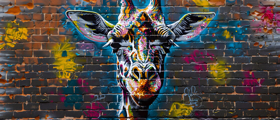 Brightly painted giraffe mural on brick wall with cool color palette and abstract design