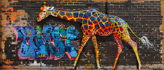 A colorful, fiery patterned giraffe graffiti on an urban wall, blending wildlife with street art aesthetics