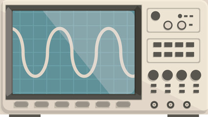 Detailed digital oscilloscope vector illustration with flat design for electronics measurement and testing equipment in scientific lab and engineering research. Showing signal waveform. Frequency
