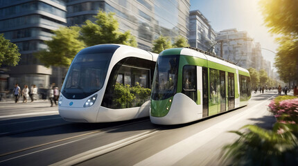Obraz premium Electric green tram, streetcar driving in green city downtown with trees, motion blur. Eco friendly sustainable public transport