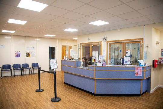 Interior of a modern medical office reception, UK