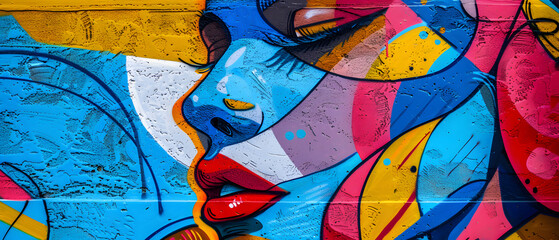 Vibrant street art featuring abstract face elements with a rich blend of colors and textures