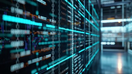A blockchain ledger display in a corporate setting, showing a chain of blocks representing transactions for audit and compliance purposes.