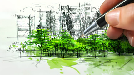 Image depicts hand drawing a cityscape with green trees using a pen, conveying urban design