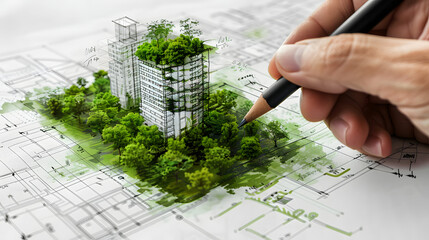 Image of a hand holding a pencil over a green sustainable building concept sketch