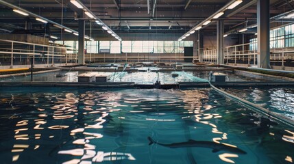 An aquaculture facility utilizing recirculating aquaculture systems (RAS) for sustainable seafood production, reducing environmental impact.
