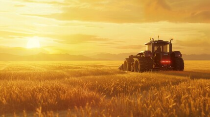 Fototapeta premium An autonomous tractor plowing a large wheat field at sunrise, with GPS systems visible, in a hyper-realistic style, with warm golden tones. --ar 16:9 --style raw 