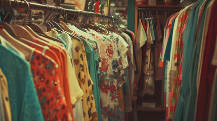 A variety of colorful and patterned clothing hanging on a rack in a cozy boutique shop