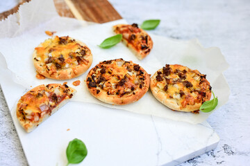Mini american burger pizza with  onion .American finger food 