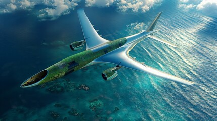 Fototapeta premium A conceptual design of an airplane made entirely of recycled materials, flying over the ocean, symbolizing sustainable practices in aviation.
