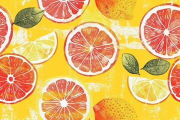 Citrus fruits on sunny yellow background with watercolor effect, refreshing and vibrant summer theme