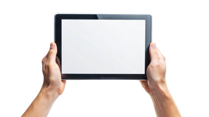 A woman holds a blank digital tablet in her hands, ready to communicate with a touch