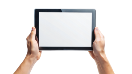 A woman holds a blank digital tablet in her hands, ready to communicate with a touch