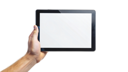 A woman holds a blank digital tablet in her hands, ready to communicate with a touch