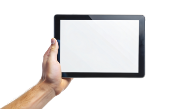 A woman holds a blank digital tablet in her hands, ready to communicate with a touch