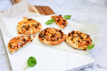 Mini american burger pizza with  onion .American finger food 