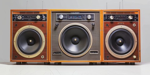 Fototapeta premium Classic stereo system ad with large speakers and bold fonts, isolated white background, high detail, vintage audio