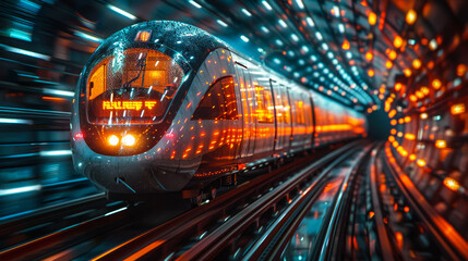 A high-speed train moves at high speed in a tunnel