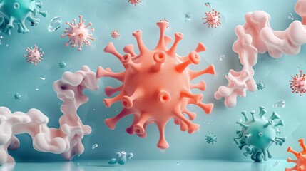 Naklejka premium 3D Render of Pink and Green Coronavirus Particles Floating in Blue Space