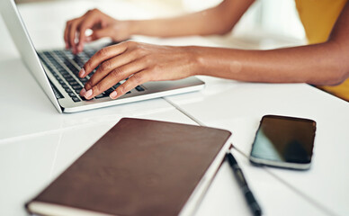 Woman, hands and typing for research in office on laptop for communication, task management and...