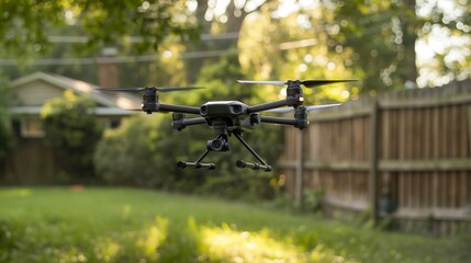 Naklejka premium A compact drone hovering in a backyard, programmed to follow a pre-set path for home security surveillance, featuring night vision capabilities.