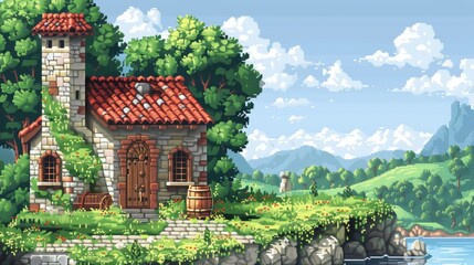 Fototapeta premium Classic pixel art video game scene, isolated white background, high detail, copy space