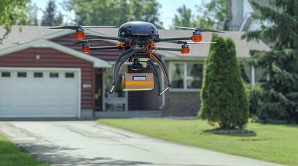 A compact personal drone taking off from a suburban driveway, equipped with a package delivery mechanism, demonstrating last-mile delivery service.