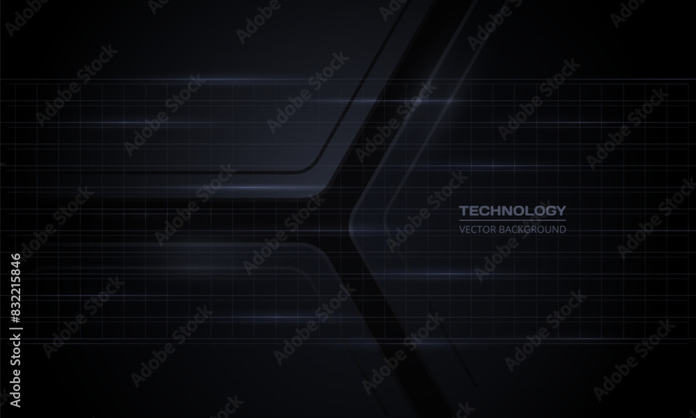 Wall mural black 3d abstract technology background with light grid. dark gray three-dimensional texture. vector - Wall murals