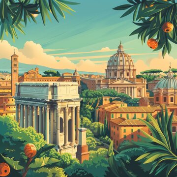 An illustration of Rome, Italy. The Colosseum is in the foreground, with the Pantheon and St. Peter's Basilica in the background.
