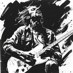 Black and white sketch of a rock guitarist playing an electric guitar.