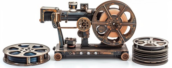 Fototapeta premium Classic film projector with reels and lens, isolated white background, high detail, cinematic nostalgia