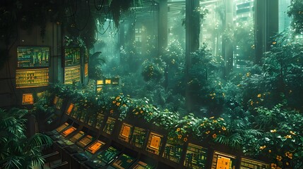 Market Trading Floor Merges with Lush Rainforest A Visual Metaphor of Financial Growth and Biodiversity