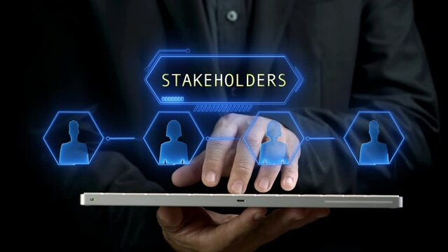 Stakeholders concept for business finance stakeholder investment management. Different stakeholders contact collaboration for company organization. Businessman showing stakeholders icon.