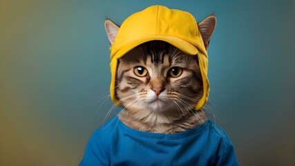 cute cat on a yellow background with a blue mask and hero cap