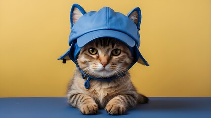 cute cat on a yellow background with a blue mask and hero cap