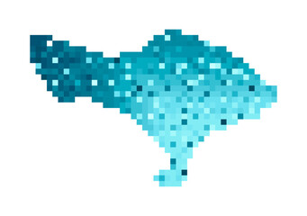 Fototapeta premium Vector isolated geometric illustration with simple icy blue shape of Bali, Indonesia map. Pixel art style for NFT template. Dotted logo with gradient texture for design on white background