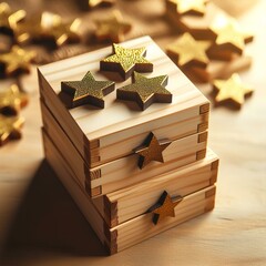 Closeup stack of wooden box with golden 5 stars on it, on a table with space for copy.