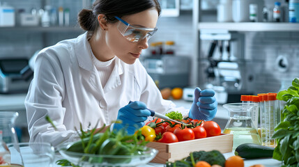 Lab technician in white coat examining fresh vegetables with scientific equipment in a well-equipped lab environment